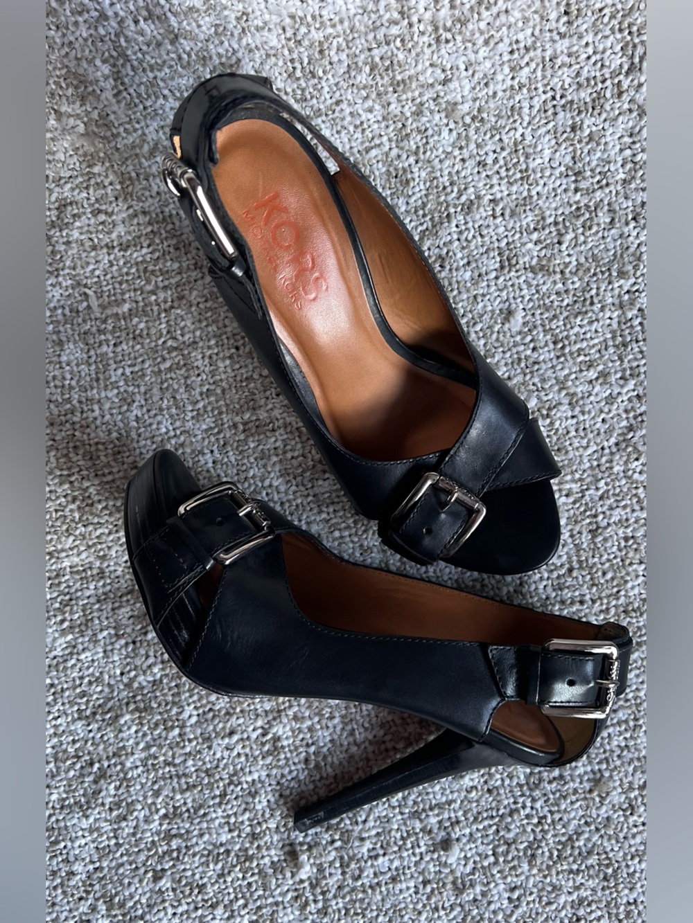 US 9 KORS Michael Kors Black Leather Buckled Peep-Toe Stiletto Heels